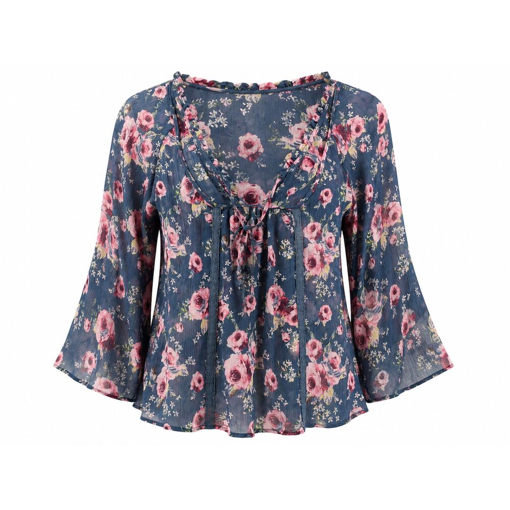Decree Women's Floral Peasant Blouse Large Blue Pink Boho Bell Sleeve
